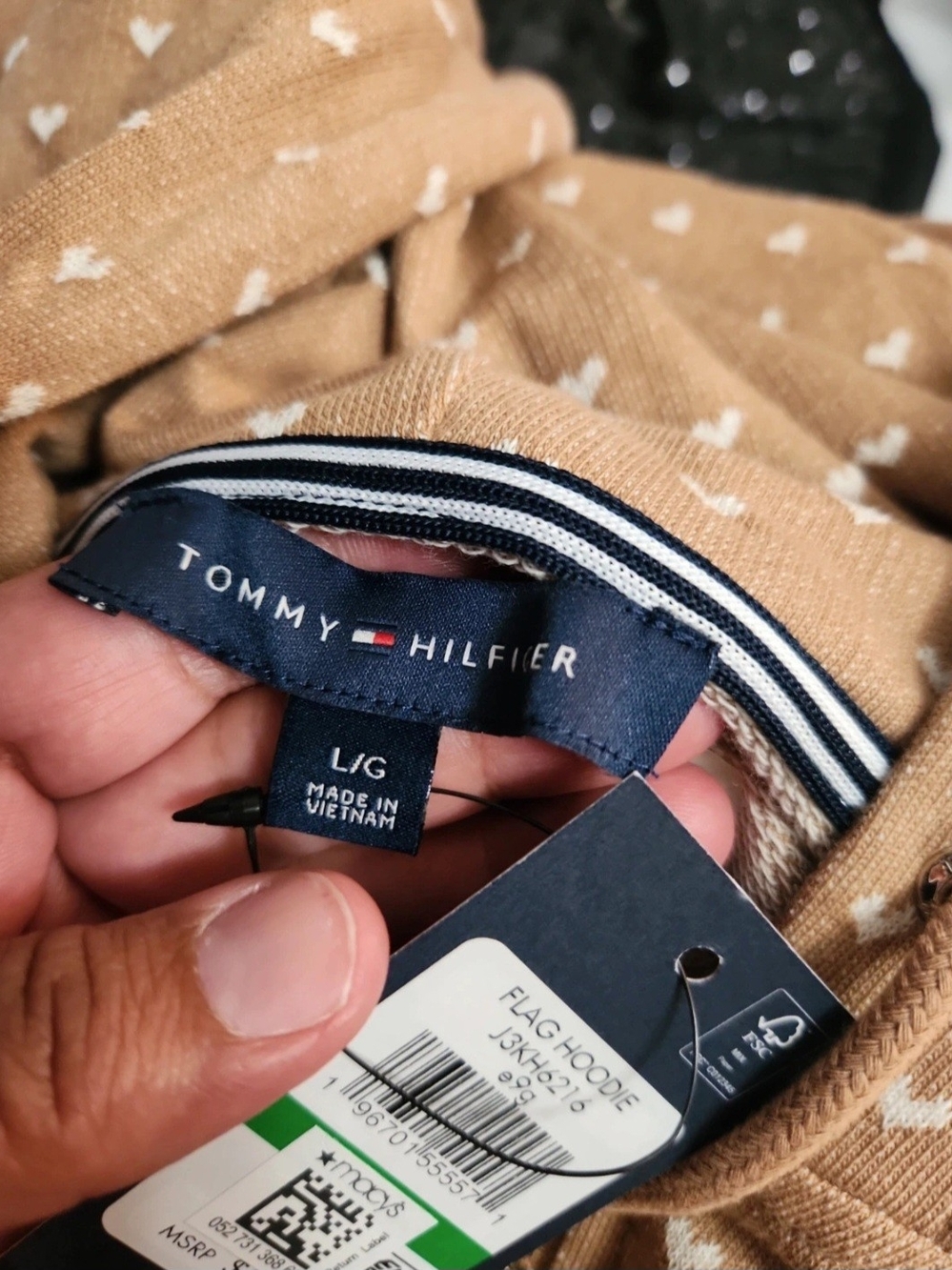 Tommy Hilfiger 100% Cotton Zip-up Tan Hoodie with Tiny White Heart Print - Picture 16 of 16